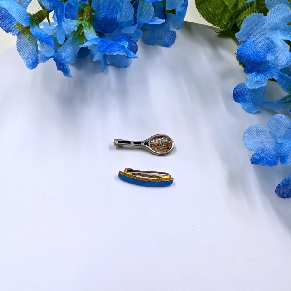Lot of Two Mini Micro Brooches, Blue Bar and Tennis Racket